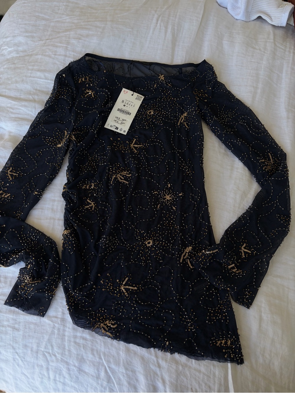Zara Black Long-Sleeve Beaded Mesh Top with Gold Embellishment
